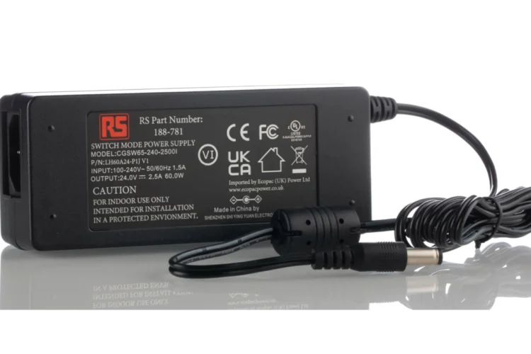 An RS PRO 60W power brick AC/DC adapter designed to provide a 24V DC output and a 2.5A output for electronic devices. The adapter has a rectangular shape with a black matte finish and features a detachable cord on one end for plugging into an electrical outlet and a DC plug on the other end for connecting to the device. The adapter has a power output of 60W and is suitable for use with a wide range of electronic devices that require a 24V DC power supply."