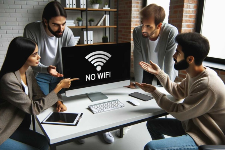 Photo of a modern home office setup with a sleek desktop computer displaying a 'No WiFi' warning on the screen. A diverse group of three people, including a male of Hispanic descent, a female of European descent, and another male of Middle Eastern descent, are collaboratively discussing and pointing at the screen.