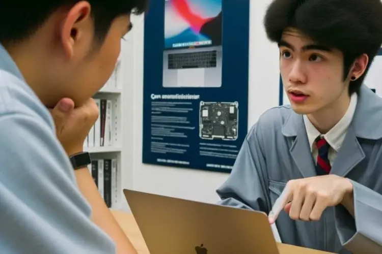 A technician with East Asian descent explaining a MacBook repair tip to a customer, using a pointer to highlight a specific MacBook part, with informational posters about MacBook repairs behind them.