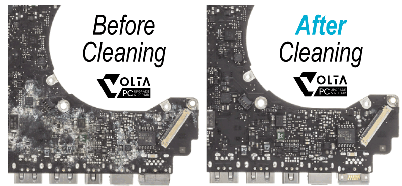Before and after motherboard corrosion cleaning